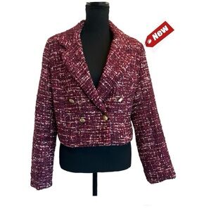 House of Harlow tweed raspberry pink double breasted short blazer jacket M NWT